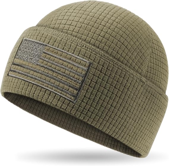 OUTDOOR SHAPING Grid Fleece Cuffed Beanie with American Flag Embroidery Leather, Waffle Tactical Army Police Skull Cap - skull hat