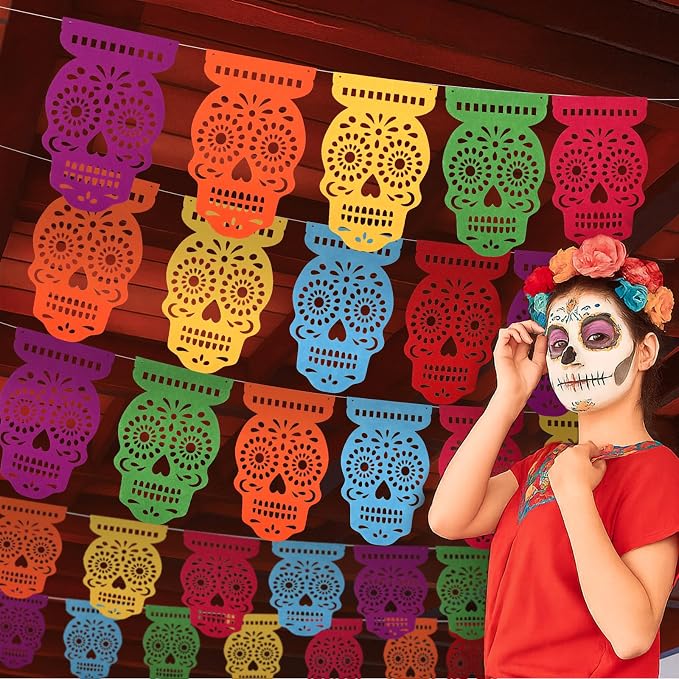 56pcs Day of The Dead Decoration, Felt Papel Picado Banner, 40 Feet - skull carpet