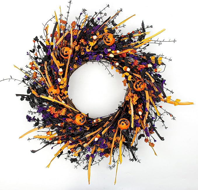 Black Halloween Wreath 22 Inch Artificial Halloween Wreaths for Front Door Black Wreath with Pumpkin Heads Candies Berries for Party Porch Farmhouse Indoor Outdoor - skull wreath