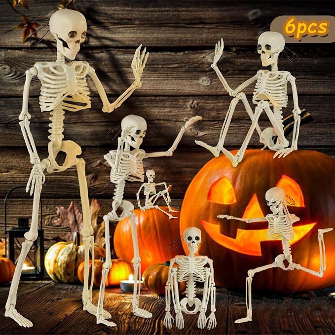 6 Packs Skeleton Halloween Decorations Outdoor with 16" Full Body Posable Joints Skeletons Decor, Halloween Party Decor Indoor, Garden Yard Lawn Graveyard Haunted House Props Spooky Party Decorations - skeleton