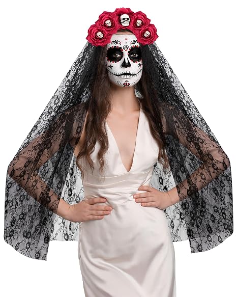 Day of the Dead Floral Skull Veil Headpiece Rose Flower Crown Halloween Cosplay Costume Mexican Flower Headband(Rose Pink,Style 1) - skull headband