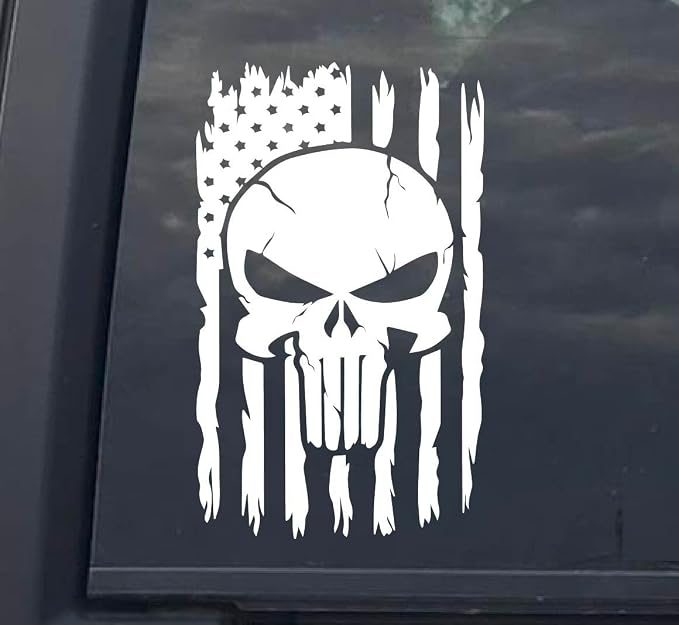 American Flag Skull Decal Vinyl Sticker for Car Truck Van Windows Laptop, White Skull Bumper Sticker | White | 8 inches - skull sticker