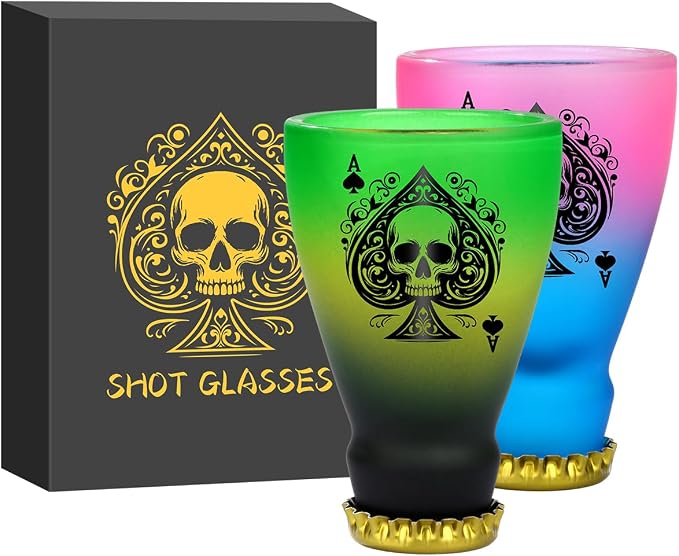 Spades Skull Pattern Glass Shot Glasses, Unique Wine Bottle Shot Glass, 43ml Shot Cups Set of 2 with Gift Box for Alcohol Shots, Vodka, Expresso, Tequila & Dessertsor, Gothic Christmas Gift - skull bottle