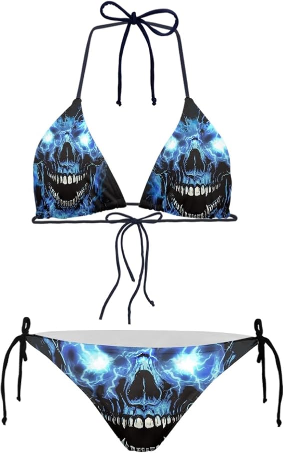 JEOCODY Women's High Waist Halter Bikini Set Two Piece Swimsuits Triangle Bikini Sets - skull swimsuit
