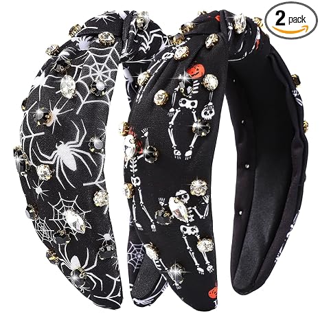 IDDFEVE 2Pcs Rhinestone Halloween Headband for Women - Spooky Skeleton & Spider Web Knotted Design with Hair Hoop, Bone Skull Holiday Wide Hair Accessory with Jeweled Crystal (Black) - skull headband