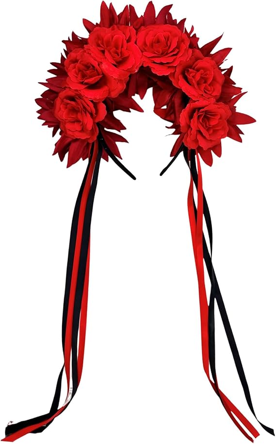 Red Floral Women Day of the Dead Flower Crown Festival Headband Rose Mexican Floral Headpiece for Halloween Party Costume - skull headband