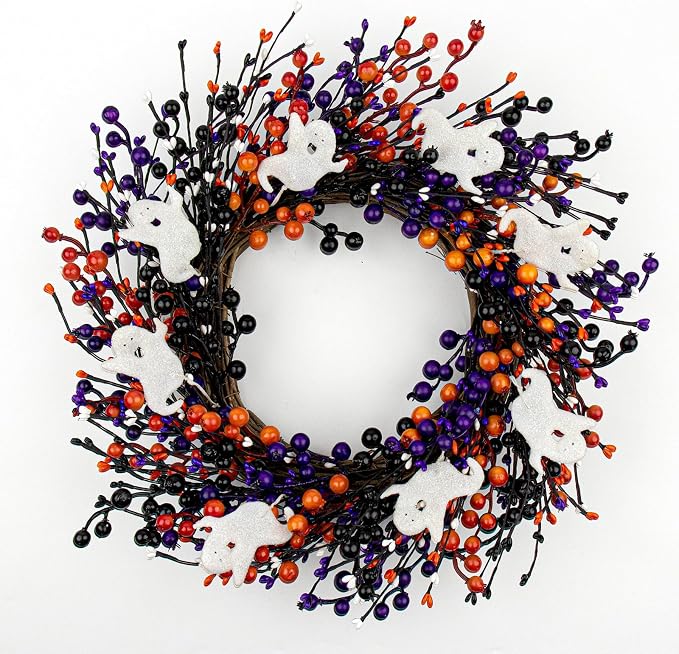 20-Inch Halloween Wreath - Handmade Orange & Black Berry Wreath with Adorable Mini Ghosts, Spooky Front Door Decor for Halloween Party - skull wreath