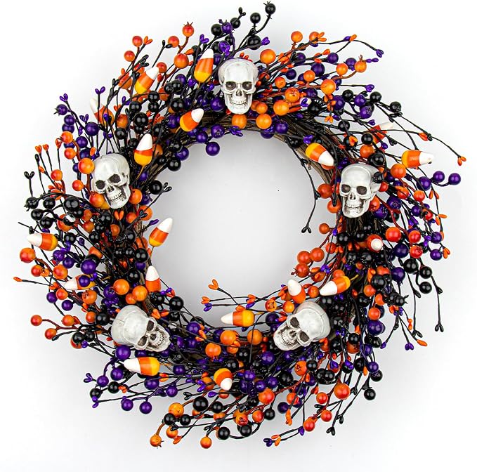 Halloween Wreaths for Front Door 20 Inch Halloween Wreath Artificial Skull Wreath with 3 Colors Berries and for Gothic Decorations - skull wreath