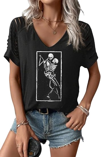 Cut Out Cold Shoulder V Neck Shirt for Women Funny Graphic Short Sleeve Tee Family Party Rock Tops Blouse - skull tank tops