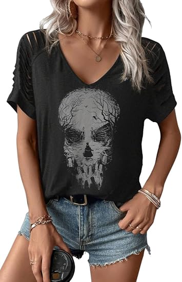 Cut Out Cold Shoulder V Neck Shirt for Women Funny Graphic Short Sleeve Tee Family Party Rock Tops Blouse
