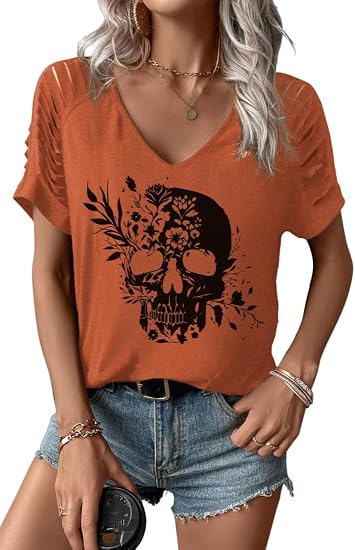 Cut Out Cold Shoulder V Neck Shirt for Women Funny Graphic Short Sleeve Tee Family Party Rock Tops Blouse - skull leggings