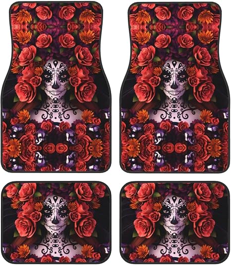 Day of The Dead Sugar Roses Skull Car Floor Mats Sets of 4 Pcs, Foot Mats with Non-Slip Rubber Backing, Stylish Rugs Carpet for Car Accessories Interior Floor Covers - skull carpet