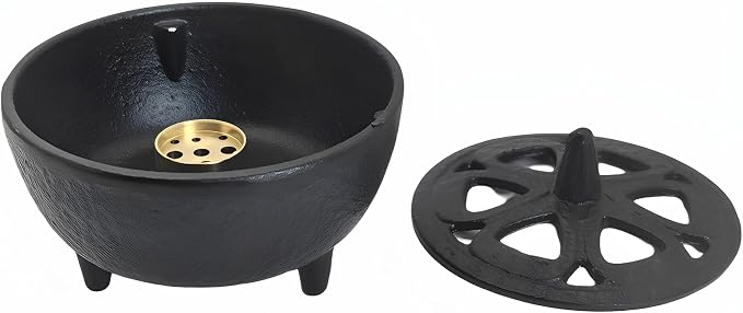 Small Cast Iron Incense Burner Holder, Home Decor, Bowl Design with Decorative Lid, Black Incense for Sticks, Resin, Cone Incense or Wax Melts - skull incense burner