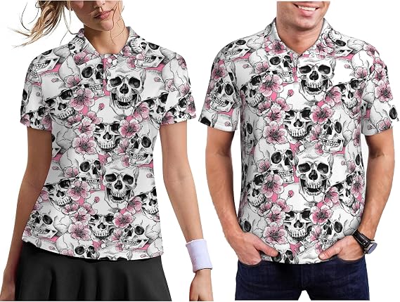 Funny Matching Couple Golf Shirts Short Sleeve Polo Shirts Moisture Wicking Unisex Hawaiian Outfits for Men Women - skull tshirt