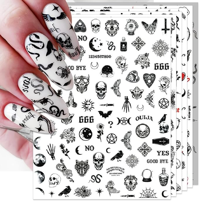 IDDFEVE Snake Nail Art Stickers - Halloween Gothic Black Skull Self-Adhesive 3D Nail Decals for DIY Punk Horror Manicure (6 Sheets) - skull sticker