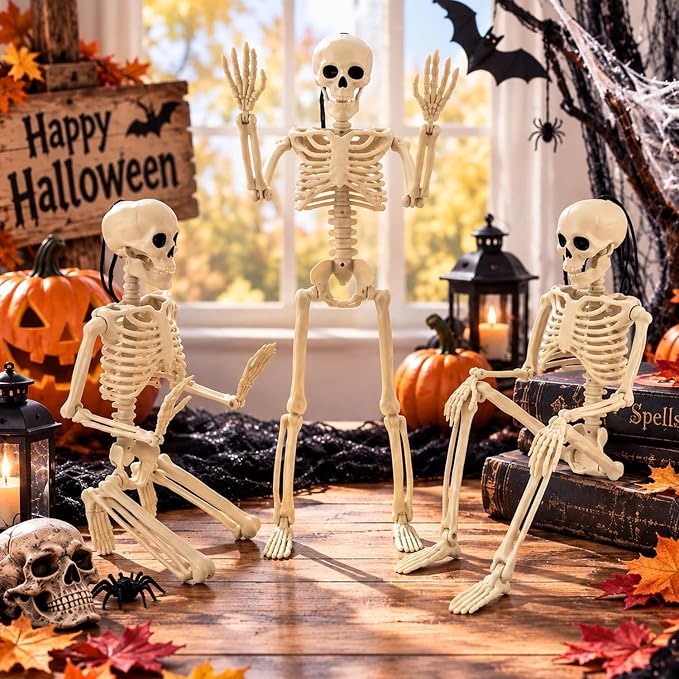 4 PCS 16'' Halloween Decor, Small Posable Plastic Skeletons Decorations - skeleton