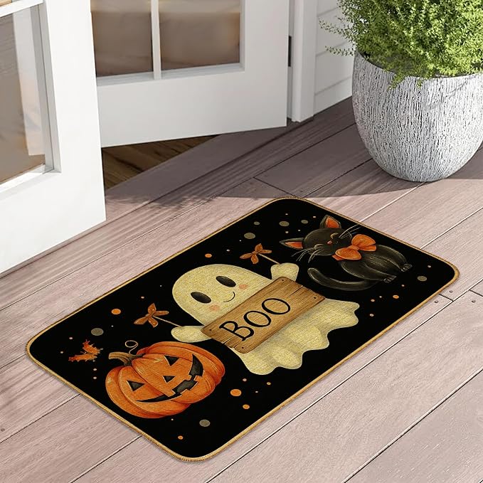 Doormat Halloween Ghost Boo Front Door Mat Indoor Outdoor Entrance,Black Cat Pumpkin Door Mat Waterproof Low Profile All-Season,Easy Clean Patio Porch Entryway Floor Rug 17×29 Inch