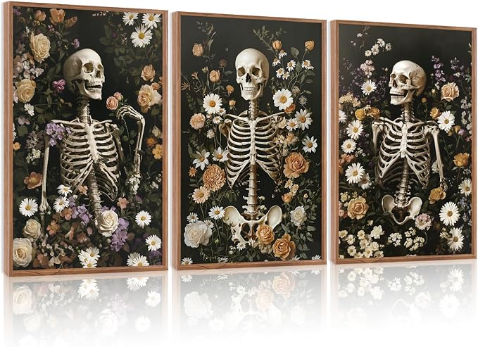LHIUEM 16”X24”X3-Large Halloween Skeleton Canvas Wall Art Vintage Botanical Art Prints Skull Flowers Pictures Halloween Moody Dark Skull Framed Wall Decor Romantic Rose Spooky Artworks for home office - skull wall art