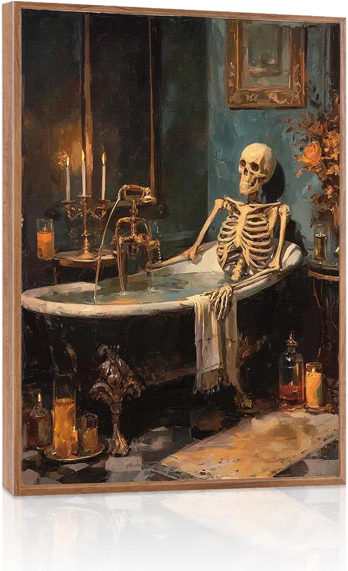 LHIUEM 12”X16”Halloween Goth Skull Framed Wall Art Vintage Skeleton Canvas Decor Unique Soaking Bones Shower Wall Art Spooky Halloween Gothic Picture Moody Skeleton Bathtub Decor for Bathroom Toilet
