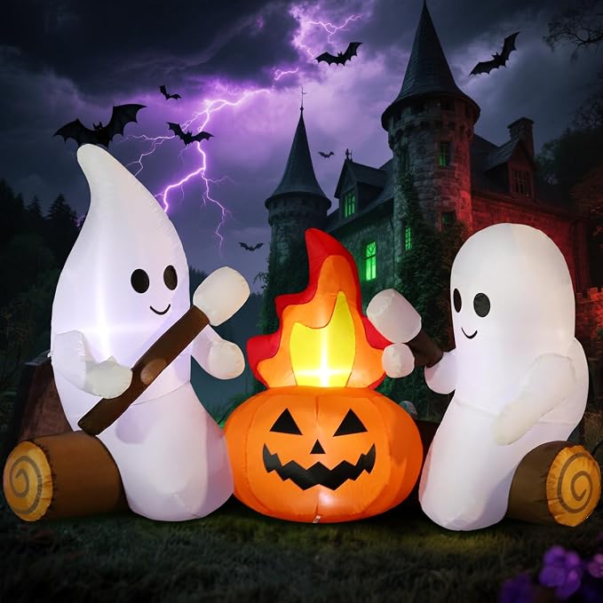 DomKom 6FT Halloween Inflatable Blow Up Decorations, Cute Ghosts Roasting Marshmallows Over Campfire, Built-in LEDs for Holiday Party, Garden, Lawn, Yard, Patio Décor - skull inflatable