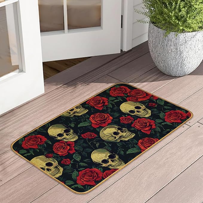 Door Mat Gothic Skull Roses Floor Door Mats,Halloween Skeleton Washable Doormat for Front Porch Decor,Linen Welcome Mats Indoor Outdoor Rug for Farmhouse/Entryway/Home Entrance/Patio - skull floor mat