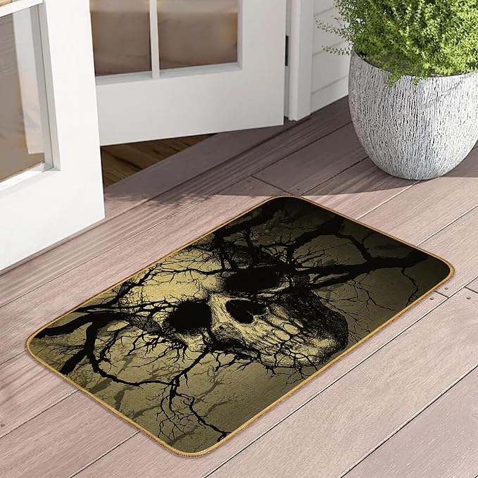 Goth Skull Tree Doormat Outdoor Entrance,Halloween Black Skeleton Front Door Mat Decorative Indoor Outdoor Non-Slip Entryway Rug for Home Entrance Outside Entry Floor Patio 17x29 Inch - skull floor mat