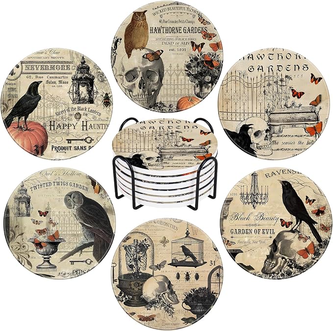 Whaline 6Pcs Halloween Coasters with Holder Vintage Owl Crow Skull Ceramic Drink Coasters Absorbent Cup Mat for Home Kitchen Party Table Protection - skull coaster
