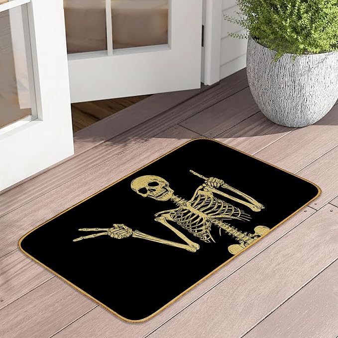 Door Mat Funny Sugar Skull Floor Door Mats,Halloween Skeleton Washable Doormat for Front Porch Decor,Linen Welcome Mats Indoor Outdoor Rug for Farmhouse/Entryway/Home Entrance/Patio