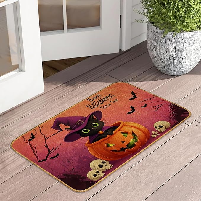 Doormat Black Cat Skull Front Door Mat Indoor Outdoor Entrance,Halloween Pumpkin Bat Door Mat Waterproof Low Profile All-Season,Easy Clean Patio Porch Entryway Floor Rug 17x29 Inch - skull floor mat