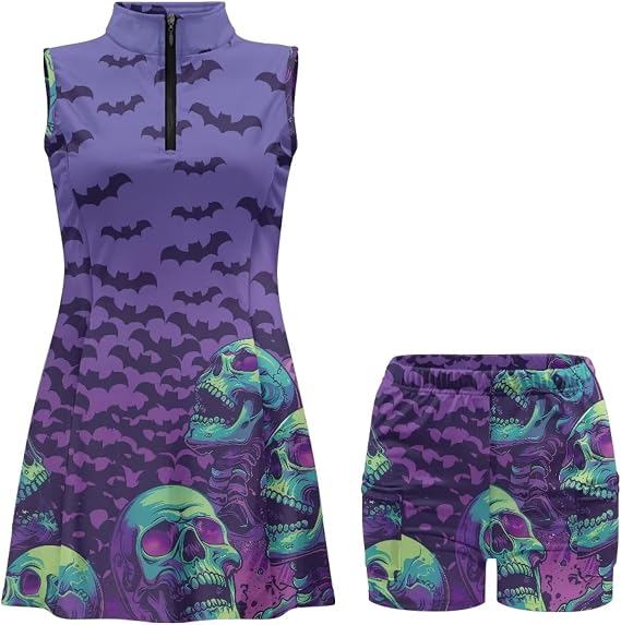 Biyejit Women's Tennis Golf Dresses Zip Up Workout Athletic Sleeveless Dress with Shorts and Pocket Pickleball Outfits - sugar skull dress