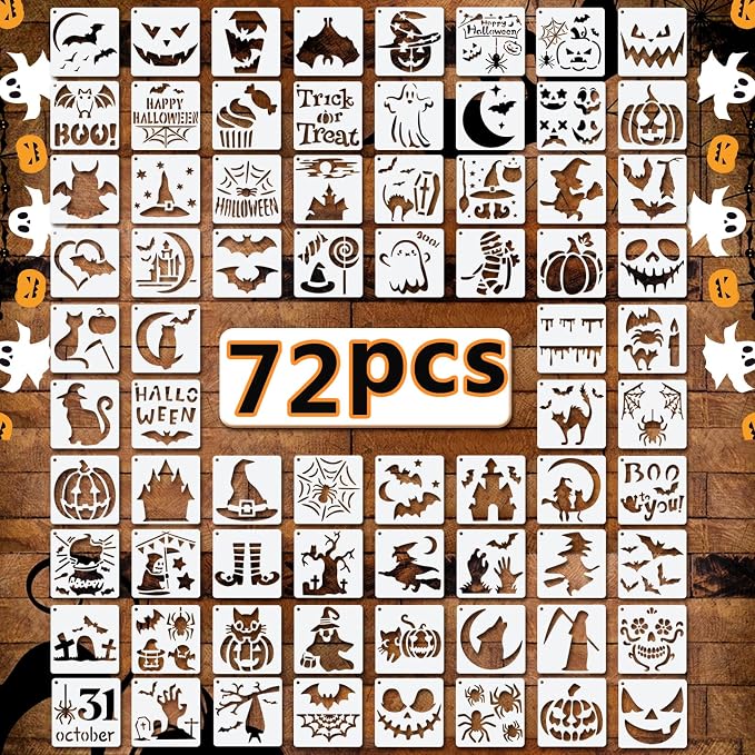 72 PCS 3x3 Inch Halloween Stencils for Painting - Pumpkin, Ghost, Bat, Spider Web Witch Skull Reusable Halloween Painting Templates on Wood, Glass, Fabric, Window Door Decor DIY Decoration - skull painting