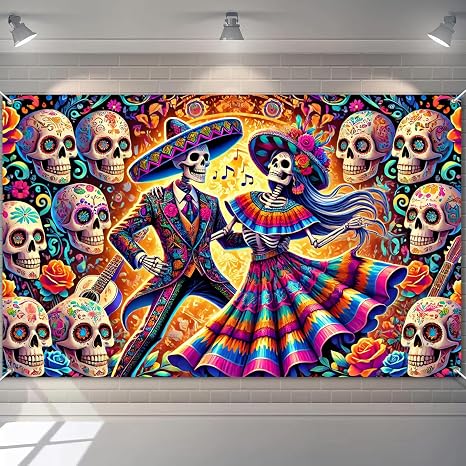 BlissYard Day of the Dead Banner Dia de los Muertos Backdrop with Dancing Skeletons and Sugar Skull Details 71x43 Inch Polyester Mexican Fiesta Wall Hanging for Indoor Outdoor Party Supplies - skull sticker