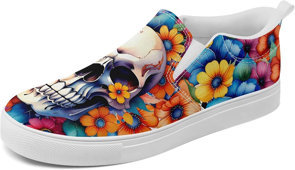 Women's Colorful Gothic Skull Slip-On Loafers Canvas Sneakers with Floral Tattoo Art, Casual Comfortable Streetwear Shoes Men - sugar skull boots