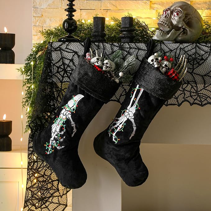 2 Pcs Gothic Halloween Velvet Stocking, Black Goth Decor, Light - skeleton