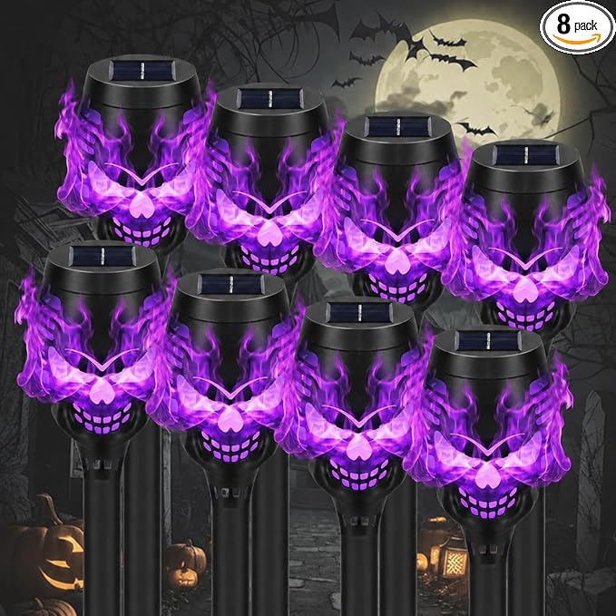 8 Pack Solar Halloween Lights, Purple Skull Torch Lights - skull lamp