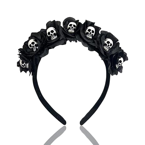 Halloween Skull Headband, Day of the Dead Black Flower Crown Hair Accessories for Women Halloween Costume Cosplay Party - skull headband