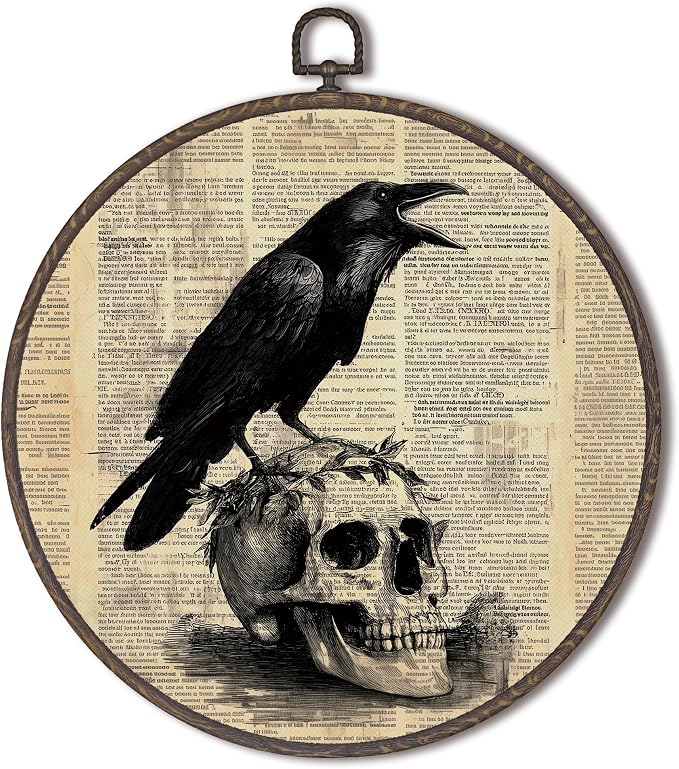 XNXLDYLH Gothic Black Crow Raven Skull Round Framed Wall Art Decor, Horror Dark Romance Cottagecore Quirky Home Hanging Wall Decor, Vintage Dark Academia Moody Canvas Prints Wall Art Paintings,10x10In - skull wall art