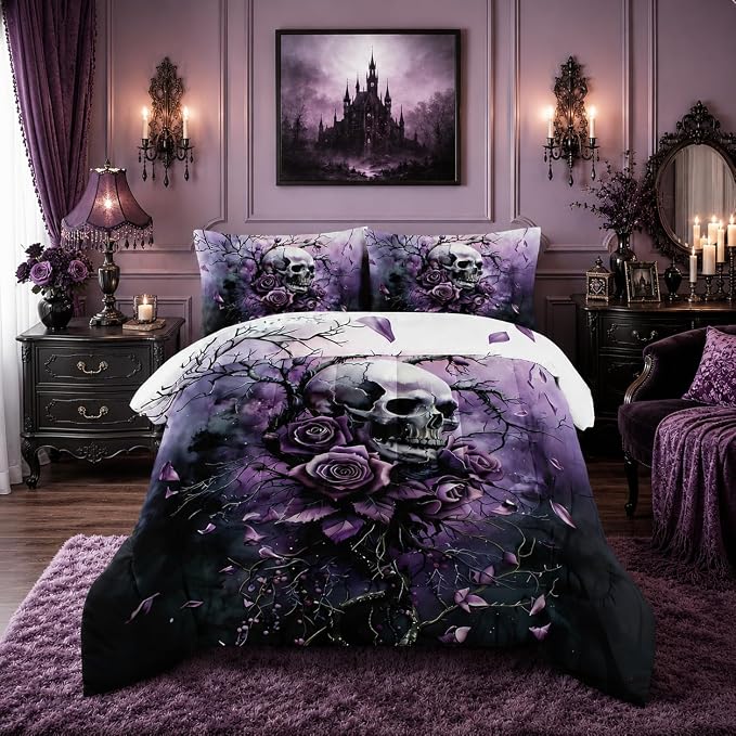 HOSIMA Floral Death Skull Queen Bedding Sets for Women with 2 Pillowcases.