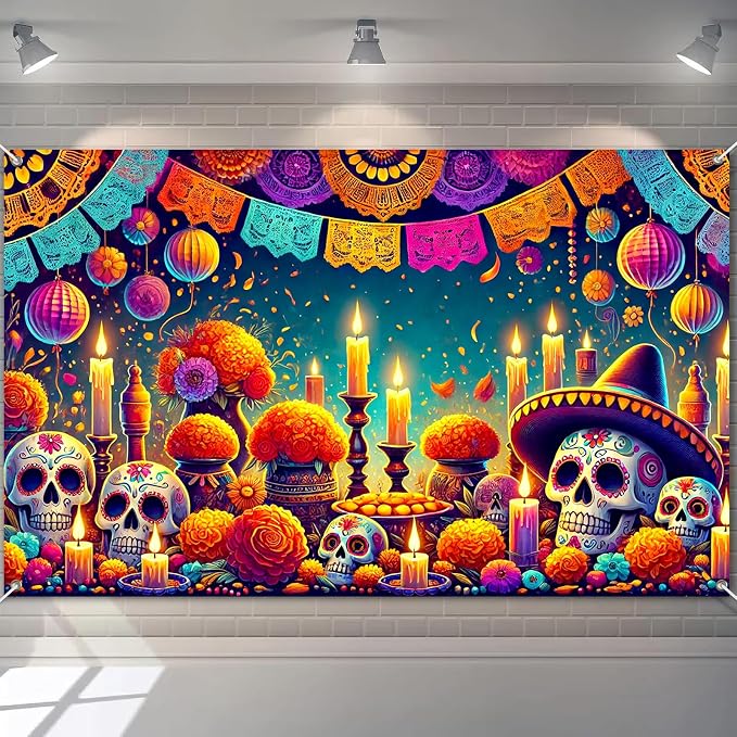 BlissYard Dia de Los Muertos Backdrop 71 x 43 Inch Sugar Skull Banner - skull candle