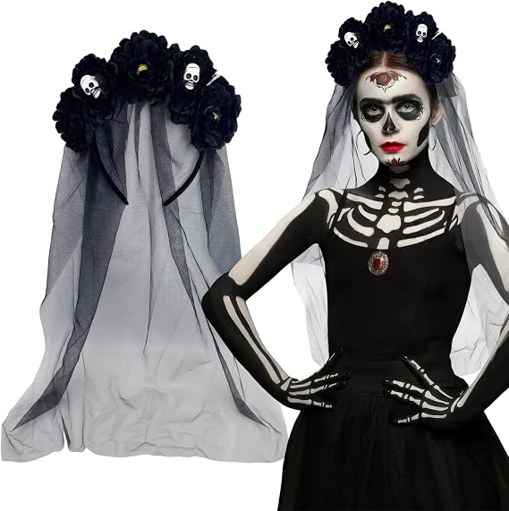 Gothic Flower Headband with Veil Day of The Dead Rose Floral Skull Crown Headpiece for Women Halloween Cosplay - skull headband