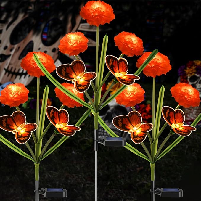 Dia de Los Muertos Decorations Outdoor Solar Powered Marigold Flower Lights - skull figurine