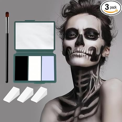 Halloween Skeleton Makeup, Complete Skeleton/Skull Makeup Kit Face Paint SFX Character Set With 1 Brush&3 Sponges, for Clown, Art Cosplay Party, White+Black+Blue - sugar skull makeup