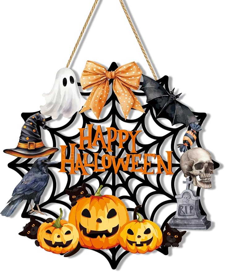 Halloween Wreaths for Front Door Welcome Sign Happy Halloween Wall Decorations Wooden Spider Web Ghost Black Cat Pumpkin Hanging Wall Decor Indoor Holiday Decor - skull wreath