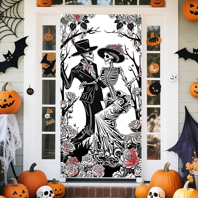 AIBIIN Halloween Wedding Skeleton Door Cover Mexican Dia DE Los Muertos Decorative Banner Day of The Dead Door Banner Decorations Halloween Party Decorations Indoor Outdoor Decor 35.4 x 70.8 Inch