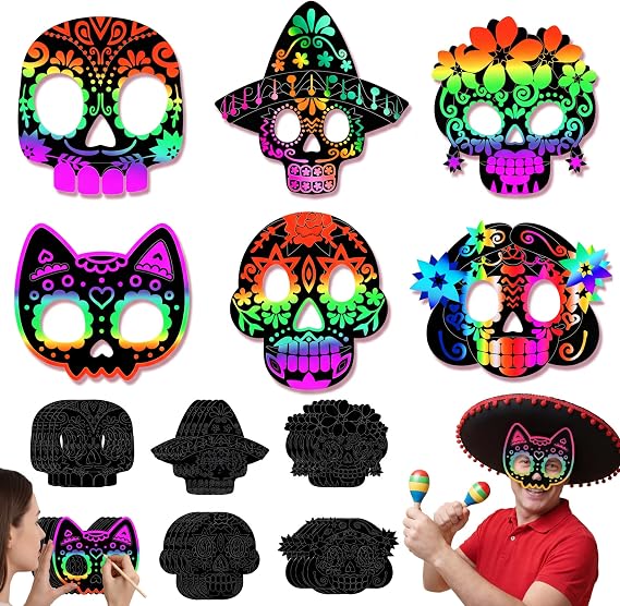 Soulchen 30 Set Day of the Dead Scratch Masks with Elastic Cords Party - sugar skull makeup