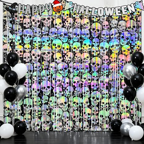 Avezano Halloween Foil Fringe Curtain Holiday Photo Backdrop 3.3ft x 6.6ft - skull sticker