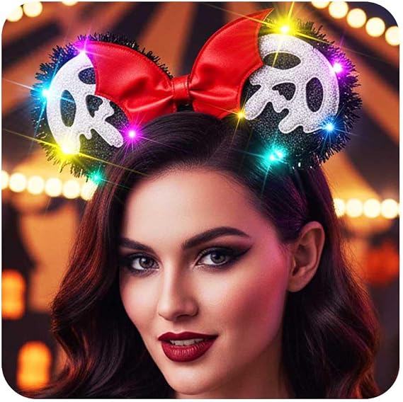 Unicra Light Up Halloween Mouse Ears Headband with LED Lights - Day of the Dead Black Hair Accessory for Women - skull headband