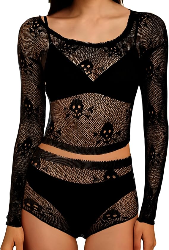 Women’s 2 Piece Skull Lace Bodysuit Lingerie Set, Off Shoulder Long Sleeve Fishnet Crop Top and High Waist Panty for Halloween Costume, Sexy Nightwear, Clubwear - skull swimsuit