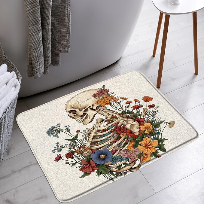 Sugar Skull Floral Bath Mat Spooky Halloween Gothic Skeleton Plant Vintage Mystical Artwork Bathroom Bathtub Floor Rugs Doormat Toilet Decor,16 x 24 in - skull floor mat