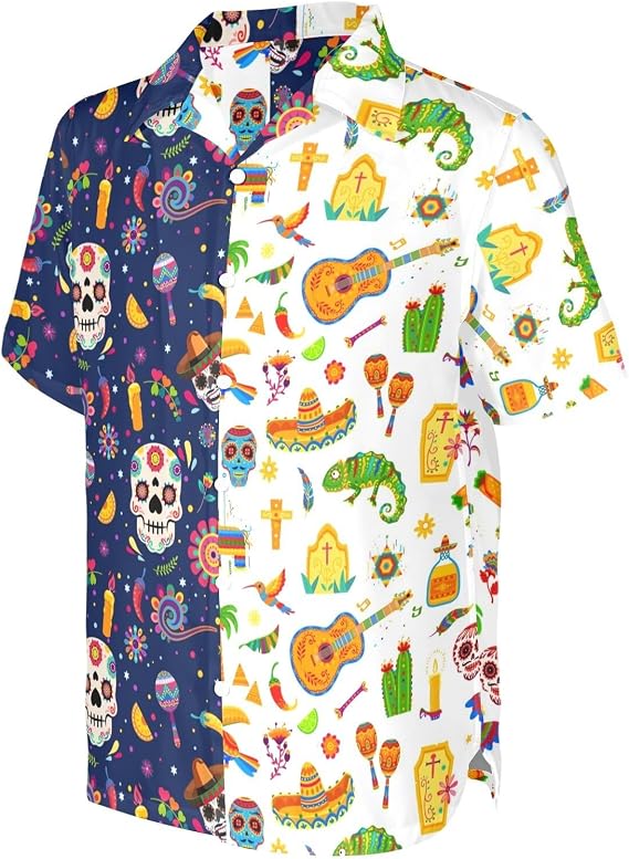 HUGLAZY Funny Halloween Shirt Men Hawaiian Button Down Party Outfit Costume - skull tshirt